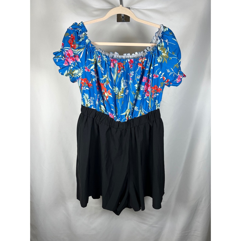 Shein Curve Floral Off Shoulder Romper Blue Black Plus Size 1XL Short Jumpsuit